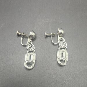 Vintage Silver Screwback Clip On Dangle Earrings Twisted Rope Link 1.5” Drop